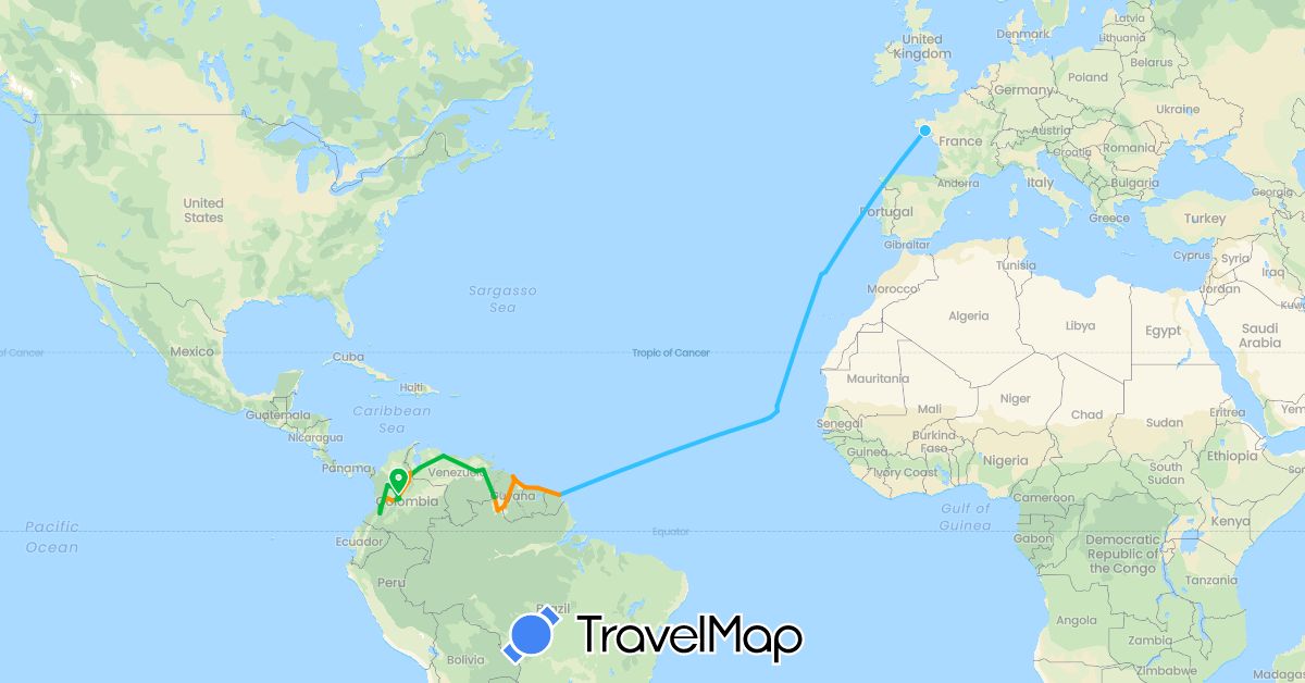 TravelMap itinerary: driving, bus, boat, hitchhiking in Brazil, Colombia, Cape Verde, France, French Guiana, Guyana, Portugal, Suriname, Venezuela (Africa, Europe, South America)