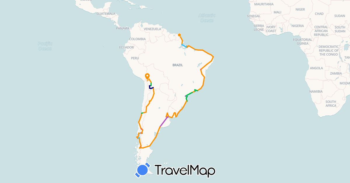 TravelMap itinerary: driving, bus, train, hiking, boat, hitchhiking in Argentina, Bolivia, Brazil, Chile, French Guiana, Uruguay (South America)